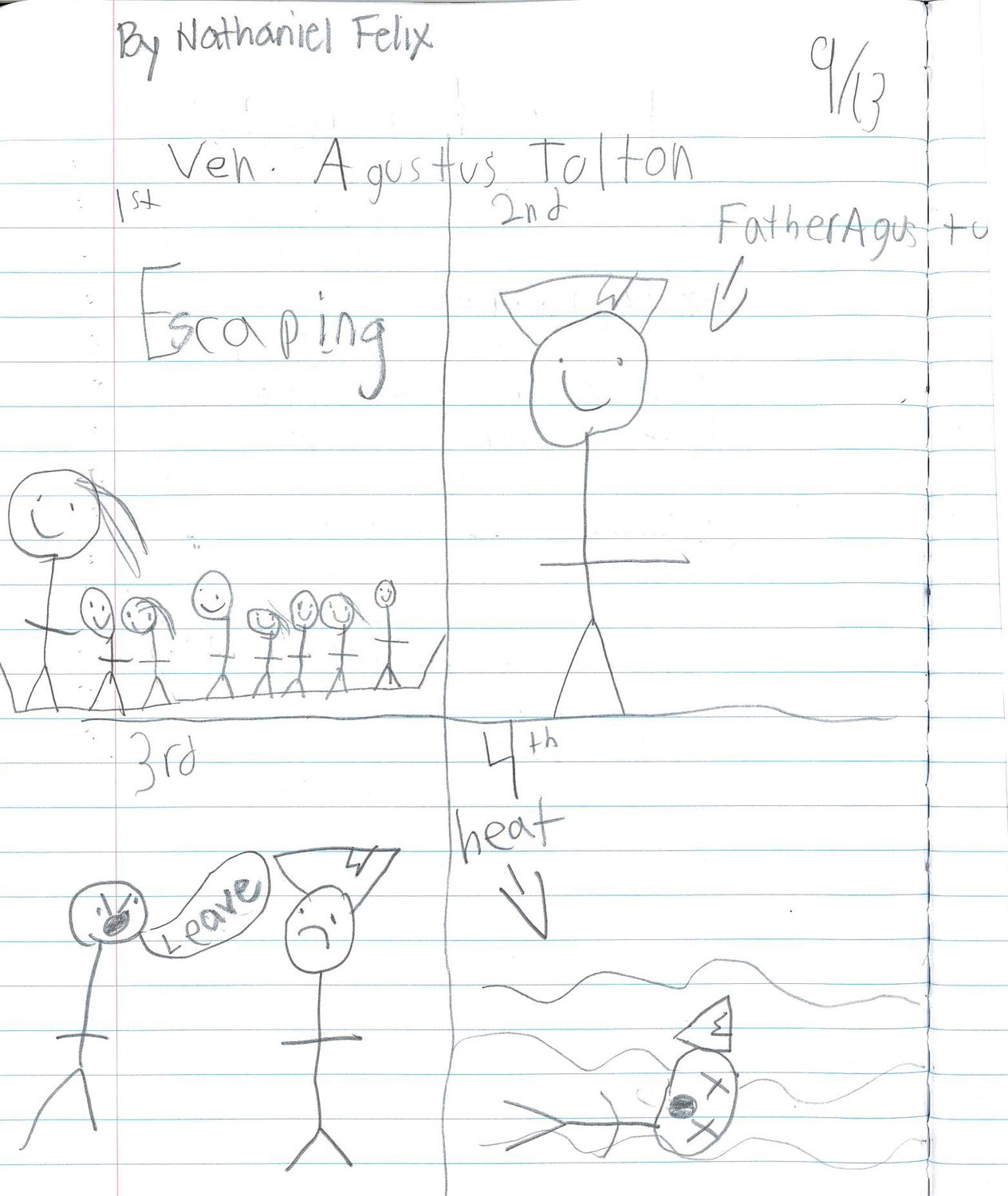 One of Dominican Sister Mary Olivia Shirley’s students at St. Anthony of Padua School in Washington, D.C., drew these four moments from Venerable Father Augustus Tolton’s life — his escape with his family from slavery; his priestly ordination; his departure from his first priestly assignment; and his untimely death from heatstroke.